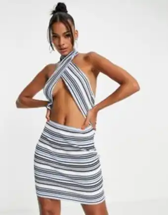 Asos Lioness beach knitted mini dress in blue stripe offer