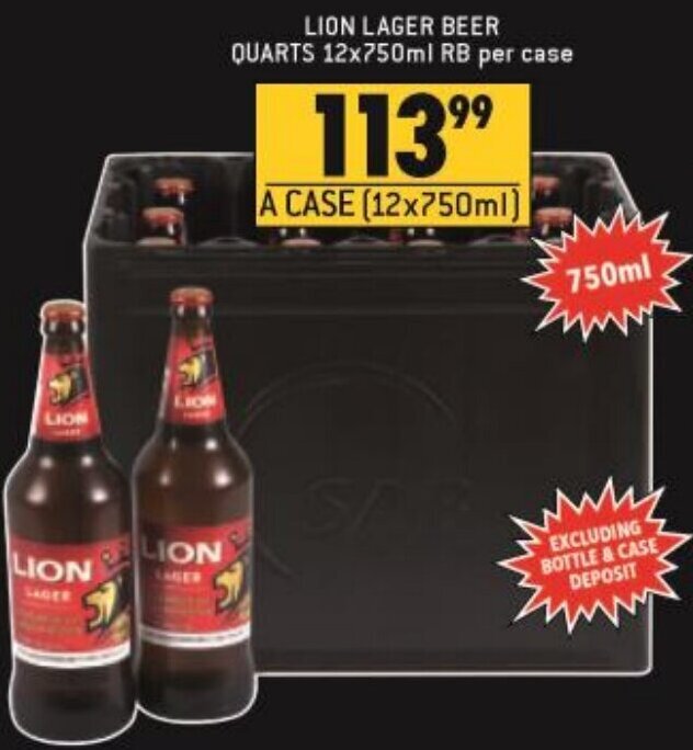 Lion Lager Beer Quarts 12x750ml offer at Shoprite Liquor