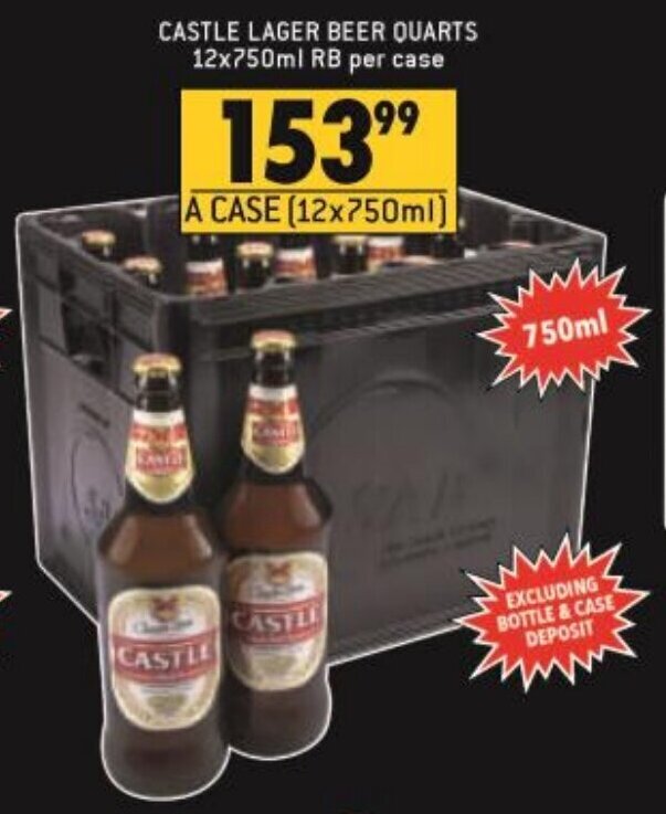 Castle Lager Beer Quarts 12x750ml offer at Shoprite Liquor