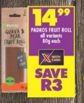 Shoprite PADKOS FRUIT ROLL all variants 80g each offer