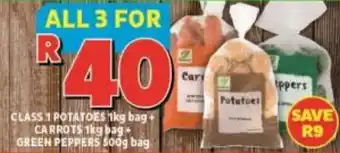 Usave CLASS 1 POTATOES 1kg bag + CARROTS 1kg bag+ GREEN PEPPERS 500g bag offer