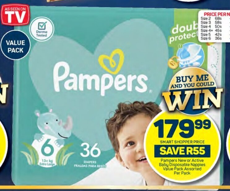Pampers New or Active Baby Disposable Nappies Value Pack Assorted Per Pack offer at Pick n Pay