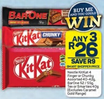Pick n Pay Nestle KitKat 4 Finger or Chunky Assorted 40-42g. BarOne 52/55g Tex or Smarties 40g (Excludes Caramel Gold Range) offer