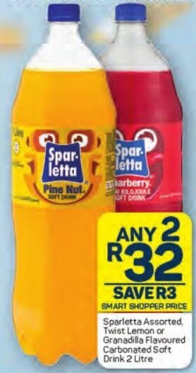 Pick n Pay Sparletta Assorted, Twist Lemon or Granadilla Flavoured Carbonated Soft Drink 2 Litre offer