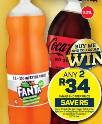 Pick n Pay Coca-Cola Light, No Sugar, Tab, Fanta, Sprite or Stoney Ginger Beer No Sugar or Sporletta Assorted 2.25Litre offer