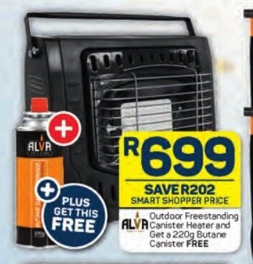 Outdoor Freestanding ALVA Canister Heater and Get a 220g Butane Canister  FREE offer at Pick n Pay