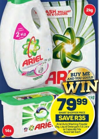 Pick n Pay Ariel Auto Washing Powder 2kg. Liquid Detergent 1.5 Litre or Capsules 14s Assorted Each offer