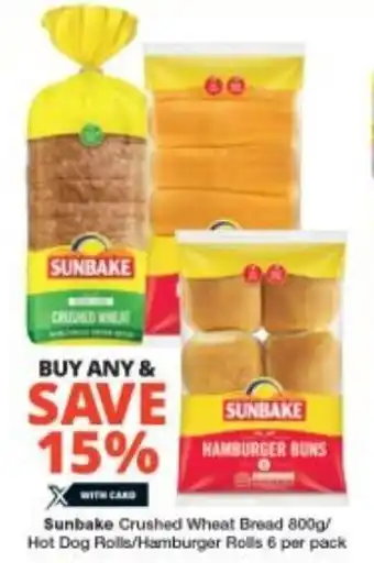 Checkers Sunbake Crushed Wheat Bread 800g/ Hot Dog Rolls/Hamburger Rolls 6 per pack offer