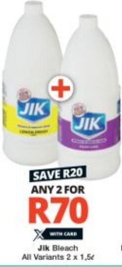 Checkers Jik Bleach All Variants 2 x 1,5L offer
