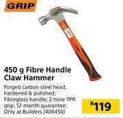 Builders Warehouse Grip 450g fibre handle claw hammer offer