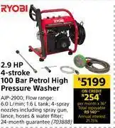 Ryobi 2.9 hp 4 stroke 100 bar petrol high pressure washer