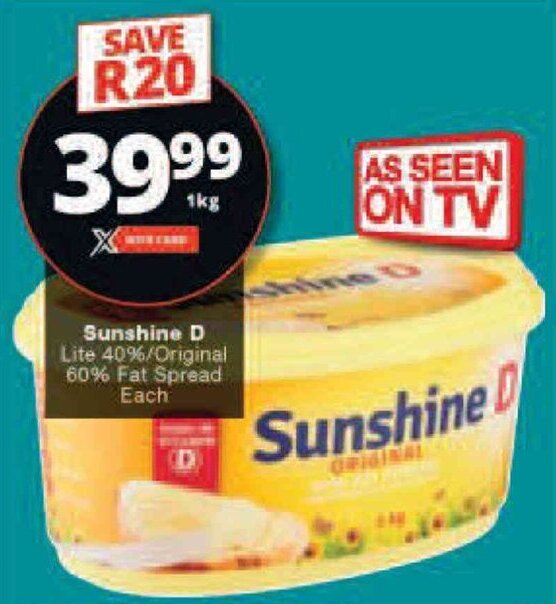 Sunshine D Lite 40/Original 60 Fat Spread Each offer at Checkers