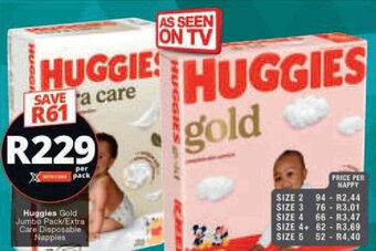 Checkers Huggies Gold Jumbo Pack/Extra Care Disposable Nappies offer