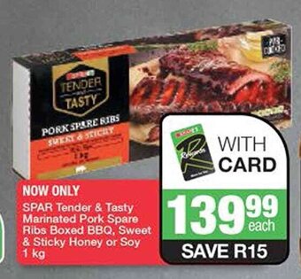 Spar SPAR Tender & Tasty Marinated Pork Spare Ribs Boxed BBQ, Sweet & Sticky Honey or Soy 1 kg offer