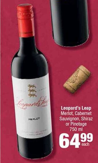 Spar Leopard's Leap Merlot, Cabernet Sauvignon, Shiraz or Pinotage 750 ml offer