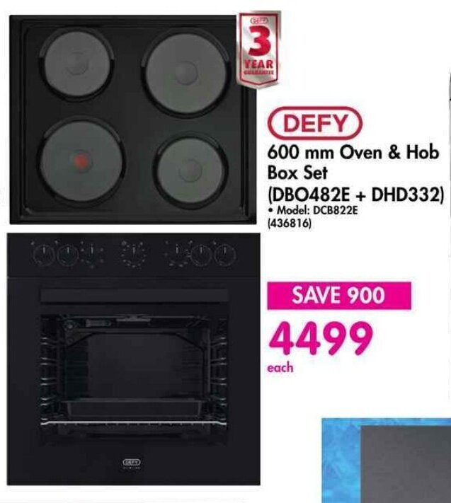 DEFY 600 mm Oven & Hob Box Set (DBO482E+DHD332) offer at Makro