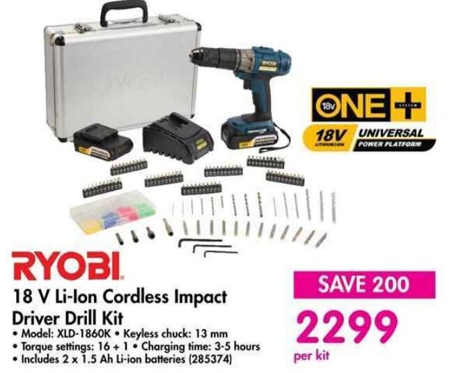 RYOBI 18 V LiIon Cordless Impact Driver Drill Kit offer at Makro