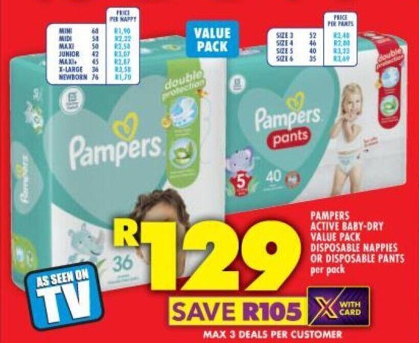 PAMPERS ACTIVE BABYDRY VALUE PACK DISPOSABLE NAPPIES OR DISPOSABLE