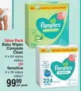 Dis-Chem Pampers baby wipes complete clean 4 x 64 wipes or sensitive 4 x 56 wipes value pack-per pack offer