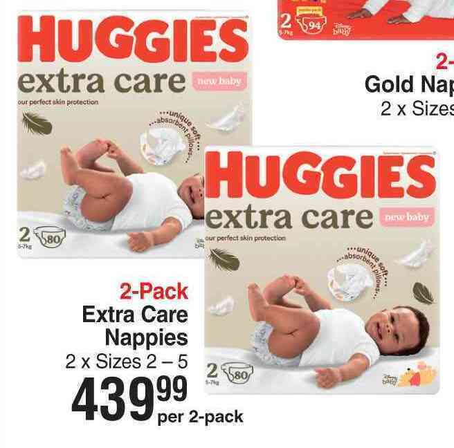 Huggies extra care nappies2 per pack offer at DisChem