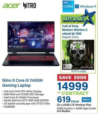 Incredible Connection Nitro 5 Core i5 11400H Gaming Laptop offer