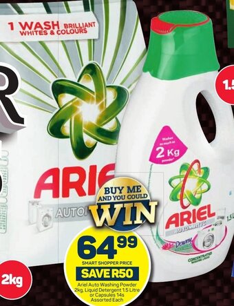 Pick n Pay Ariel Auto Washing Powder 2kg, Liquid Detergent 1.5 Litre or Capsules 14s Assorted Each offer