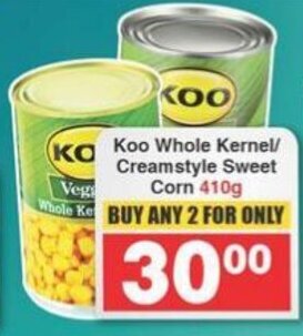 Frontline Koo Whole Kernel/Creamstyle Sweet Corn 410g offer