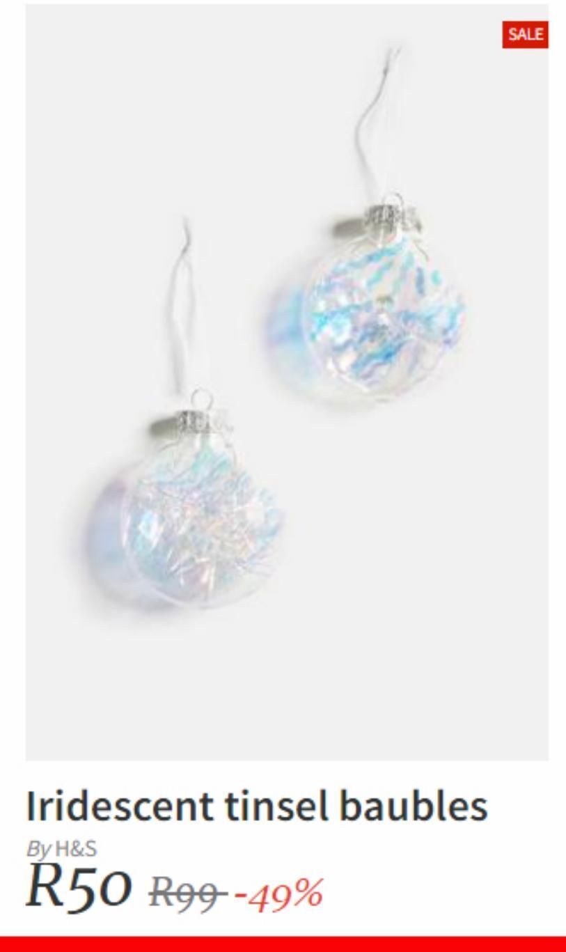 Iridescent tinsel baubles offer at Superbalist