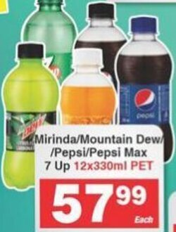 Frontline Mirinda/Mountain Dew /Pepsi/Pepsi Max 7 Up 12x330ml PET offer
