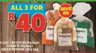 Usave CLASS 1 POTATOES 1kg bag + CARROTS 1kg bag+ GREEN PEPPERS 500g bag RE GREEN PEPPERS 500g bag RE offer