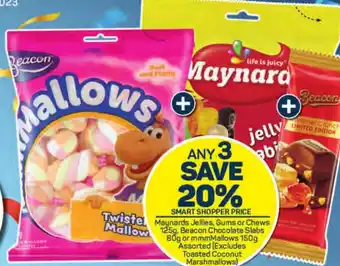 Pick n Pay Maynards Jellies, Gums or Chews 125g, Beacon Chocolate Slabs 80g or mmmMallows 150g Assorted (Excludes Toasted Coconut Marsh offer