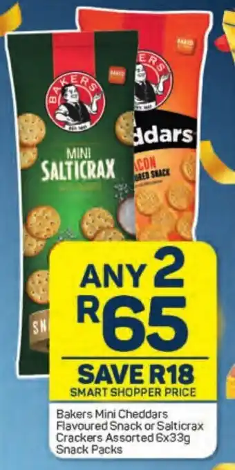 Pick n Pay Bakers Mini Cheddars Flavoured Snack or Salticrax Crackers Assorted 6x33g Snack Packs offer