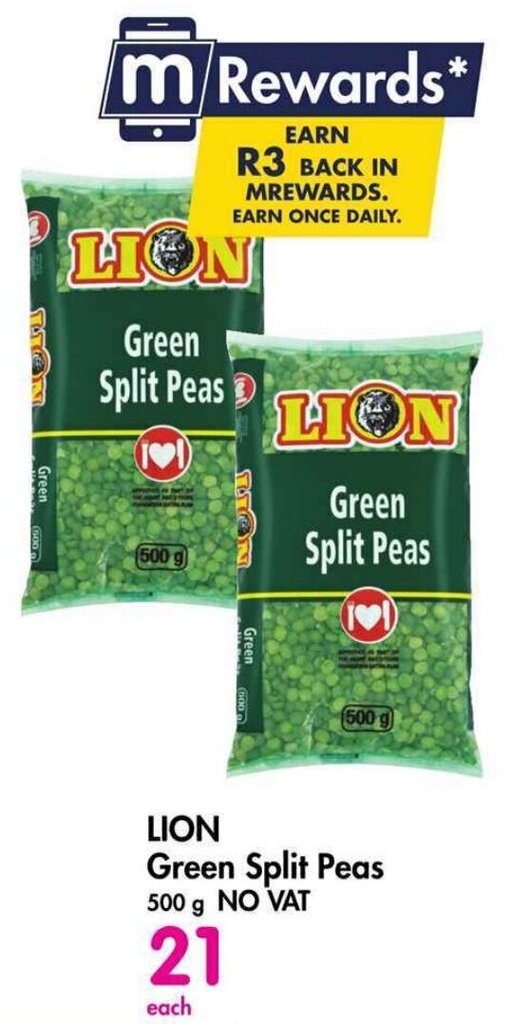 LION Green Split Peas 500 g NO VAT offer at Makro