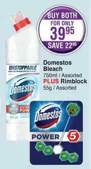 Dis-Chem Domestos Bleach Assorted 750ml Plus Rimblock 55g-Both For offer