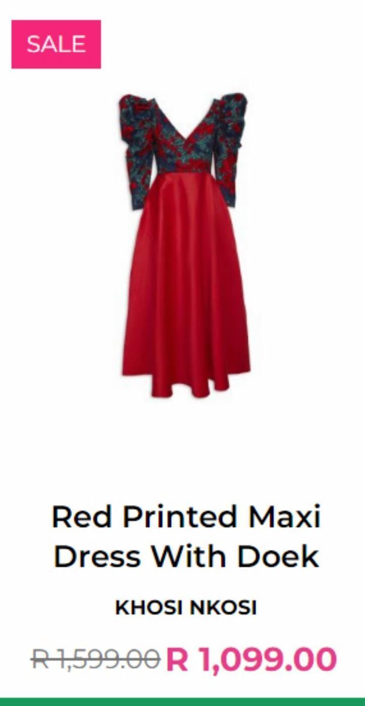 Red printed maxi dress with doek offer at YDE