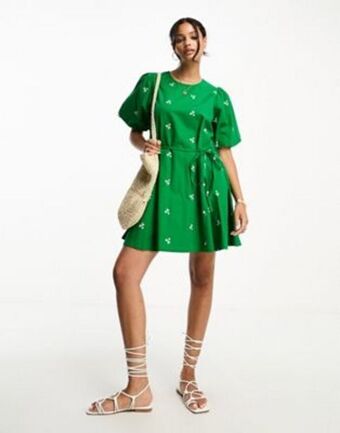 Asos Influence cotton tie waist mini dress in green with embroidered floral offer