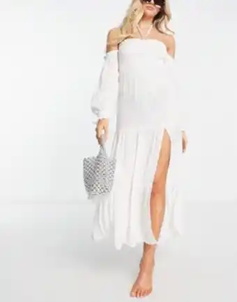 Asos Asos design off shoulder shirred waist maxi beach dress in ivory offer