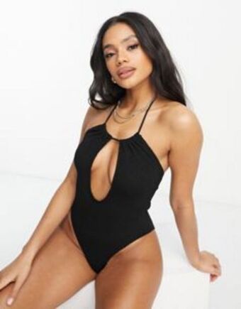 Asos Asos design crinkle cut out halter neck swimsuit with super high leg in black offer