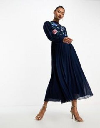 Asos Asos design high neck pleated long sleeve skater midi dress with embroidery in navy offer