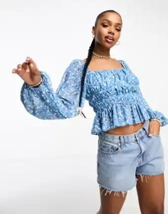 Asos Moon river square neck long puff sleeve top in blue print offer