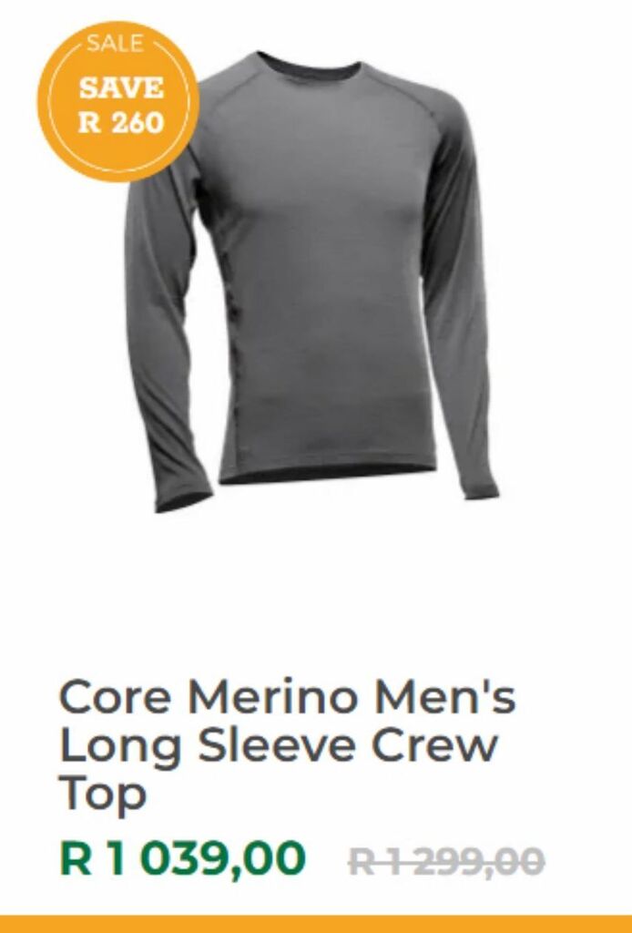 Core merino men's long sleeve crew top offer at Outdoor Warehouse