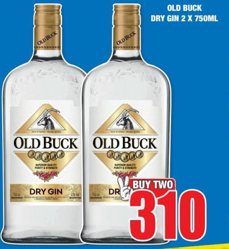 OLD BUCK DRY GIN 2 X 750ML offer at Boxer Liquors