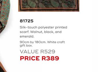 Honey Fashion Accessories Silk-touch polyester printed scarf. walnut, black, and emerald offer