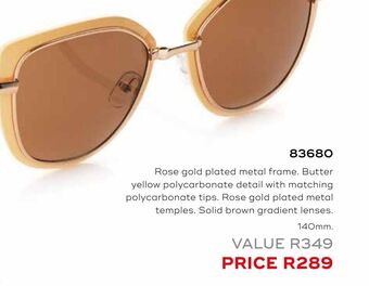 Rose gold plated metal frame. butter yellow polycarbonate detail with matching polycarbonate tips
