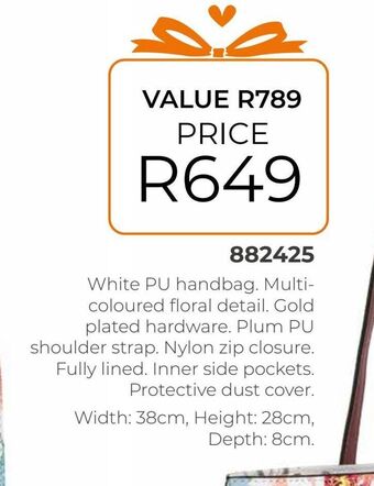 Honey Fashion Accessories White pu handbag. multi-coloured floral detail offer