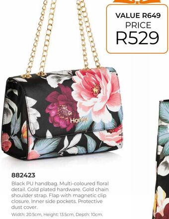 Honey Fashion Accessories Black pu handbag.multi-coloured floral detail. offer