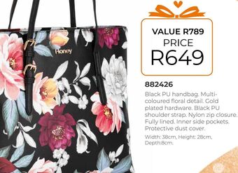 Honey Fashion Accessories Black pu handbag. multi-coloured floral detail. offer