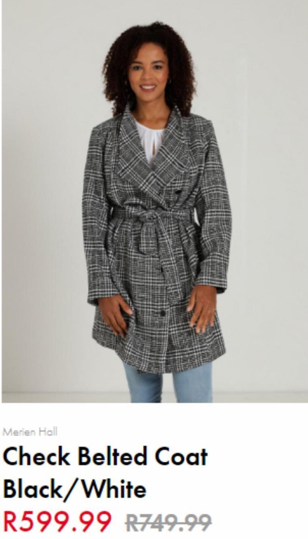 Merien Hall Check Belted Coat Black/White offer at Edgars