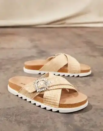 Asos Asos design wide fit flaunt raffia cross vamp flat sandals in natural - beige offer