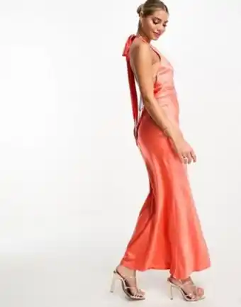 Asyou ruffle tie detail satin halter sleek maxi dress in orange